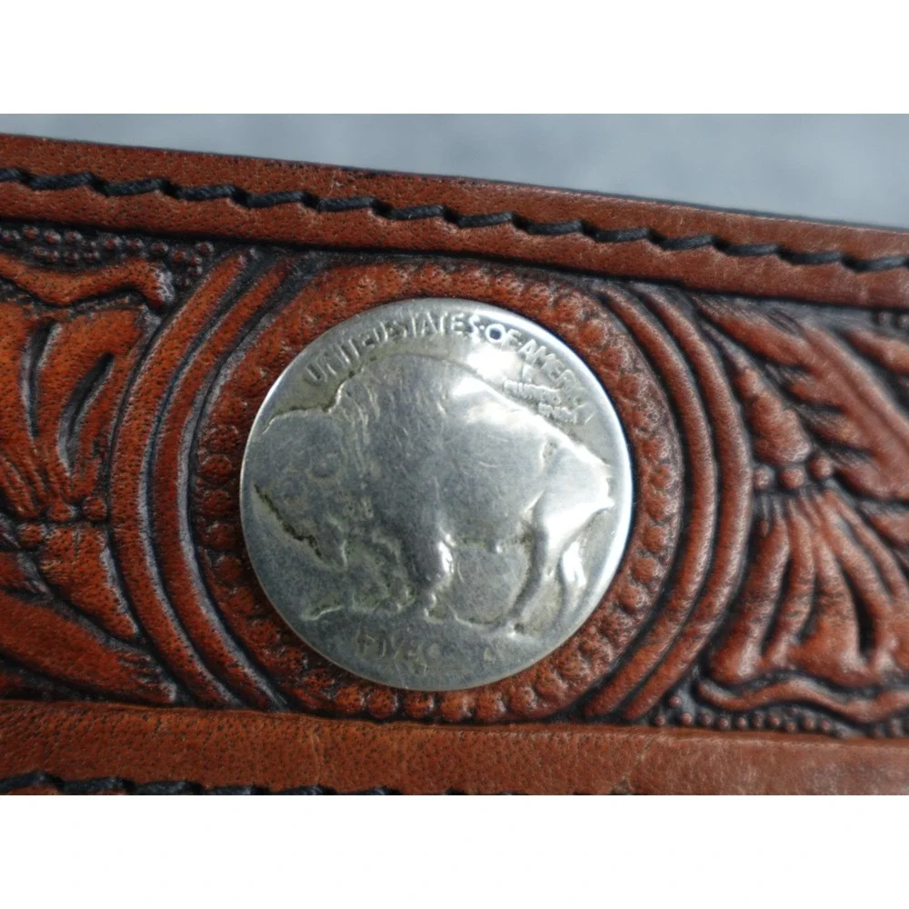 Custom‎ Leather Belt Bill Hand Tooled Western Cowboy Style Silver Buckle